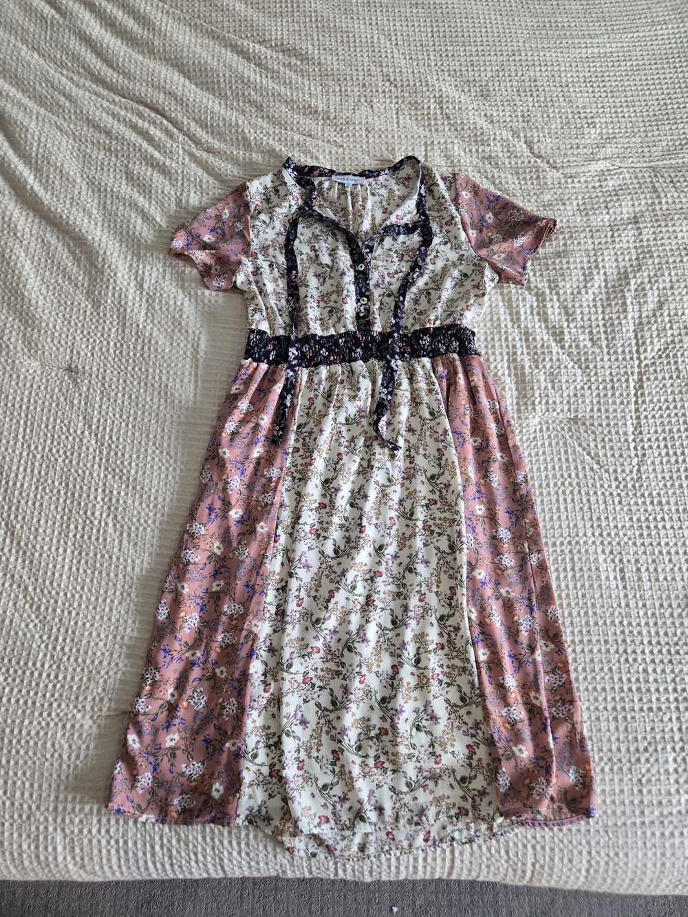 Floral Patchwork Midi Dress - Pink/Cream